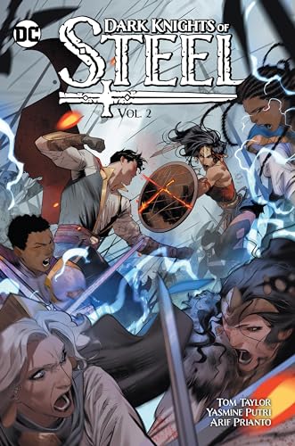 Comic book cover showing DC characters in a chaotic medieval battle with swords and magic.