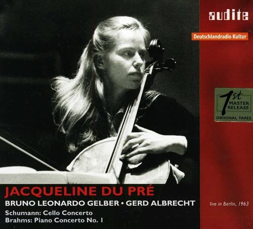 CD cover featuring cellist Jacqueline Du Pré in performance, black and white.