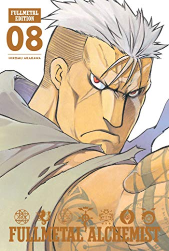 Man with white hair and tattoos on a manga book cover looking down.