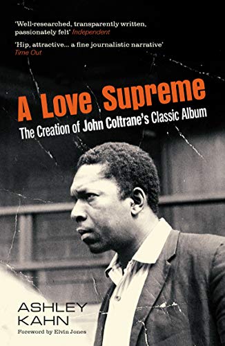 Book cover featuring a black and white portrait of John Coltrane with orange text.
