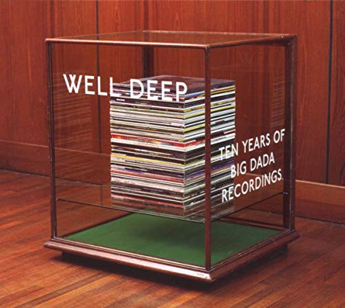 CDs stacked in a glass display case with text "Well Deep" and "Big Dada".