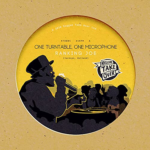 Yellow vinyl record label with silhouette of a man speaking into a microphone.