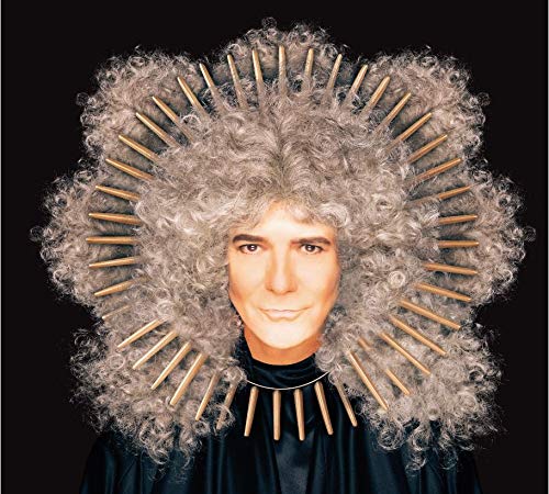 Man with large, spiky, grey curly hair and wooden collar.