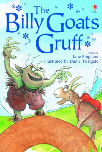Book cover: troll, goats, and a bridge from "The Billy Goats Gruff.