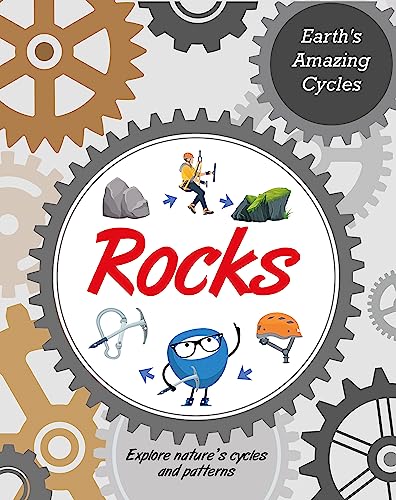 Book cover with gears, a geologist, a blue character, and the word Rocks.