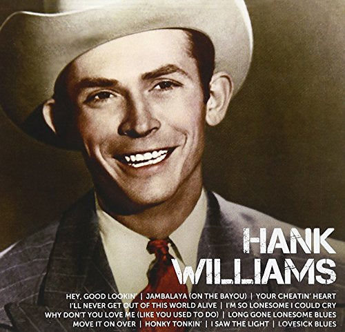 Hank Williams album cover featuring a smiling portrait in a cowboy hat.