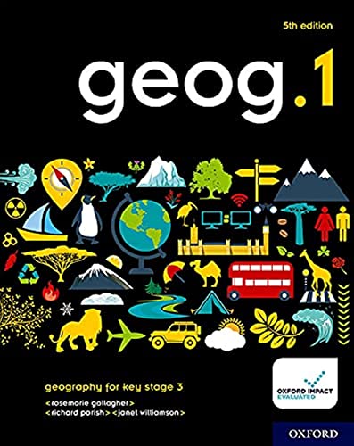 Front cover of geog.1 textbook featuring geography-themed icons on a black background.
