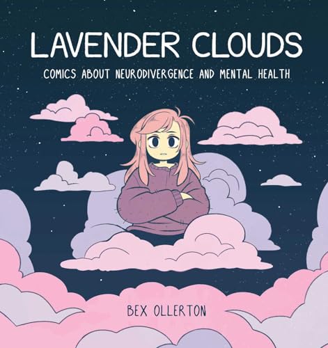 A girl with pink hair sits among lavender and pink clouds against a starry sky.
