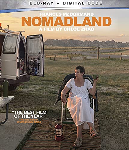 Nomadland" Blu-ray cover featuring Frances McDormand seated by a van in a landscape.