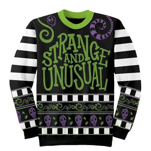 Black and white striped cardigan with “Strange and Unusual” text and skulls.