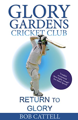 Colourful cartoon cricket book cover with kids, cricket bats, and a garden background scene.