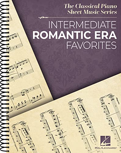 Spiral-bound music book titled Intermediate Romantic Era Favorites with sheet music background.