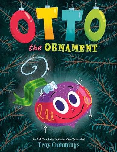 Book cover featuring a smiling purple ornament character against a dark pine tree background.