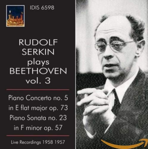 CD cover featuring pianist Rudolf Serkin and text detailing Beethoven recordings.