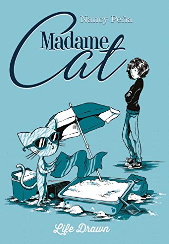 Book cover: girl with a large cat and beach umbrella.