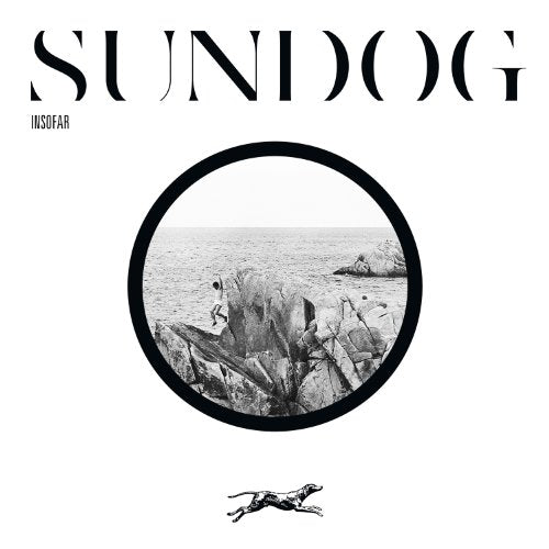 Album cover with text Sundog Insofar, a circular photo of rocks, and a running dog.