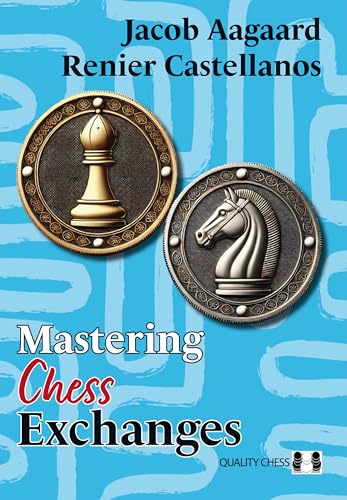 A chess book with a cover featuring chess pieces and a strategic board layout.
