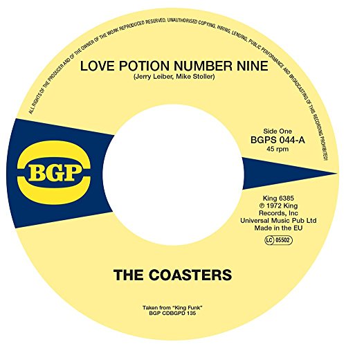 Yellow vinyl record label with "Love Potion Number Nine" and "The Coasters" text.