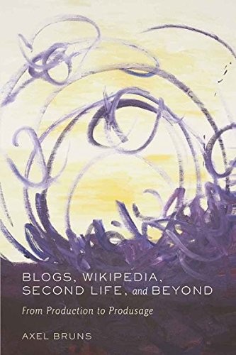 Book cover with abstract purple swirls and title "Blogs, Wikipedia, and Beyond.