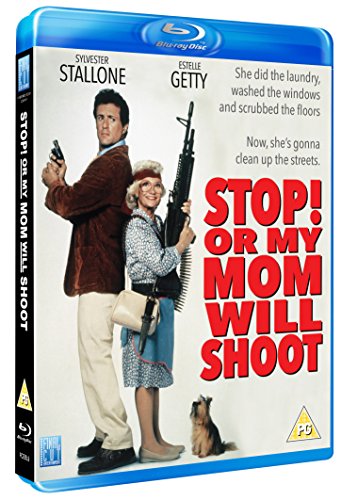 Sylvester Stallone and Estelle Getty holding firearms on the Stop! Or My Mom Will Shoot Blu-ray.