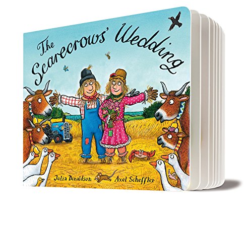 Cover of The Scarecrows' Wedding board book featuring two scarecrows surrounded by farm animals.