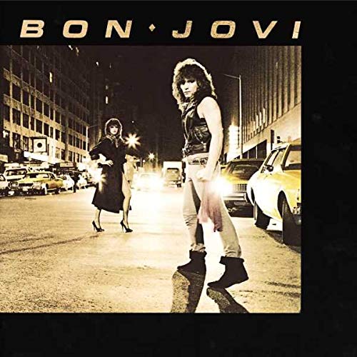 Bon Jovi's debut album cover featuring the band standing on a city street.
