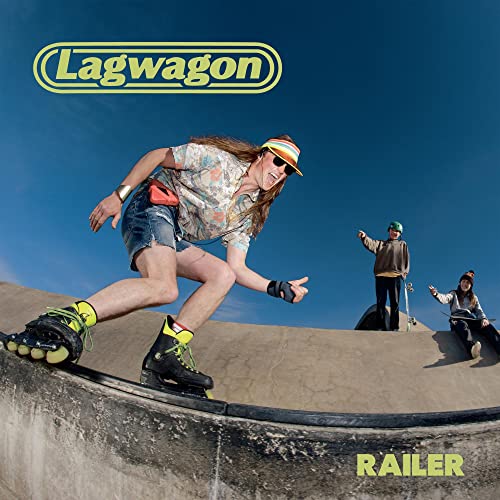 Lagwagon album cover: person rollerblading, others watching, blue sky.