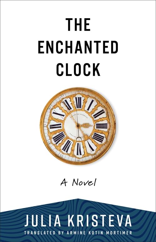Book cover: "The Enchanted Clock" with a gold clock face and blue wave.