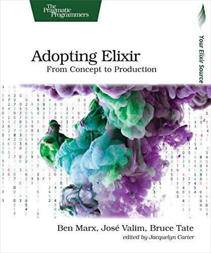 Book cover: "Adopting Elixir" with abstract colorful code background.
