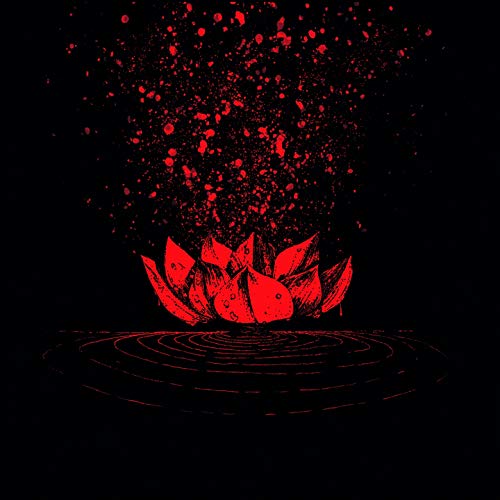 Red lotus flower illustration with scattered dots on black background.