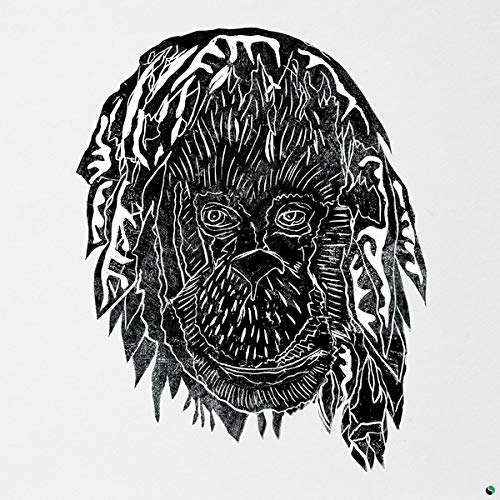 Black and white illustration of a gorilla’s face with textured fur.