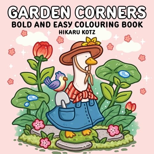 Colouring book cover with a goose gardener and flowers.