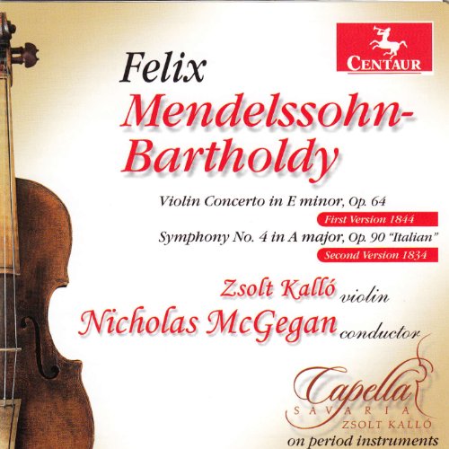 CD cover for Mendelssohn’s Violin Concerto and Symphony No. 4, with violin image.