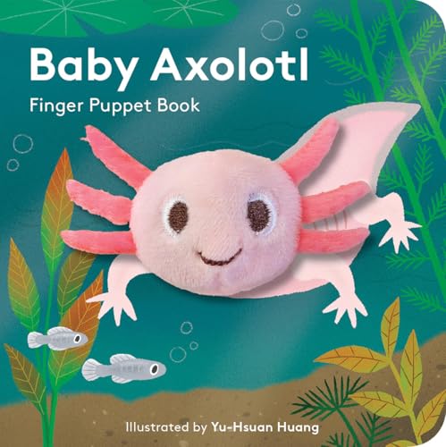 Colorful children's book with axolotl finger puppet attached to one of the pages.