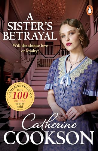 Book cover: woman in vintage dress, grand staircase, title “A Sister’s Betrayal”.