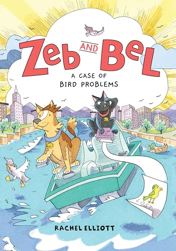 Dog and cat detectives on a typewriter boat, with birds flying around.