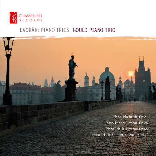 CD cover: Prague cityscape at sunset with statue, text “Dvorák: Piano Trios”.