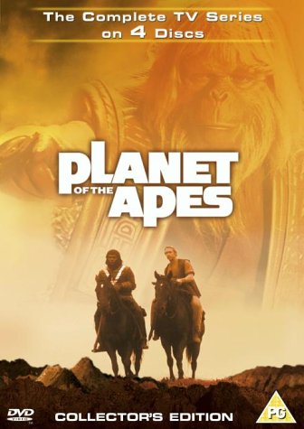 DVD cover of "Planet Of The Apes: The Complete TV Series" with apes and humans silhouette.