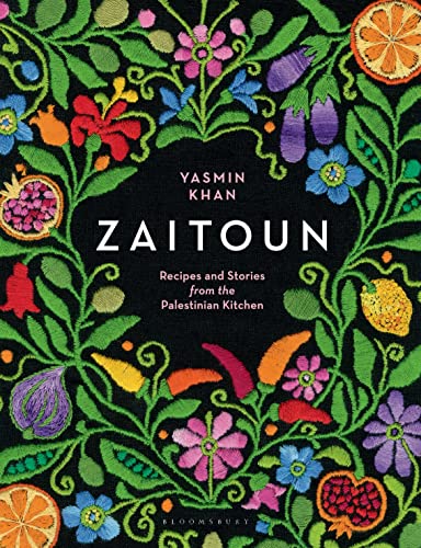 Book cover with black background and colorful embroidered patterns of flowers, fruits, and vegetables.