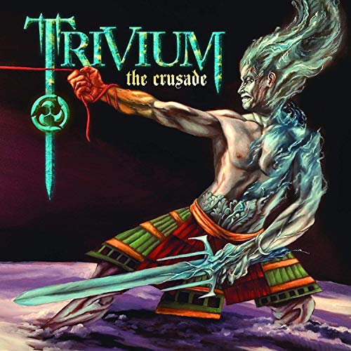 Trivium album cover: warrior with sword, ethereal blue and red details.