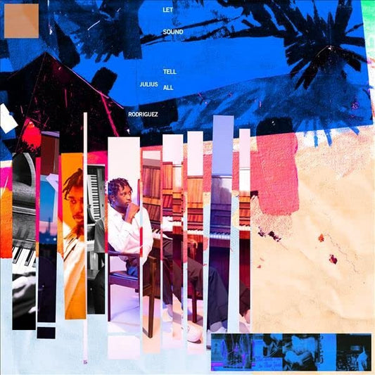 Vinyl album cover with collage of musicians and abstract shapes.