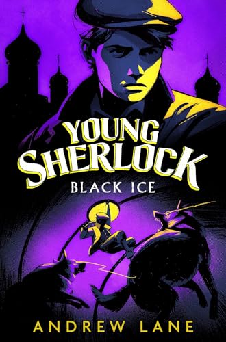 Book cover: young Sherlock Holmes with dogs, purple and yellow tones.