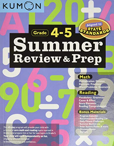 Kumon Summer Review and Prep 4-5 workbook cover with colorful numbers and text.