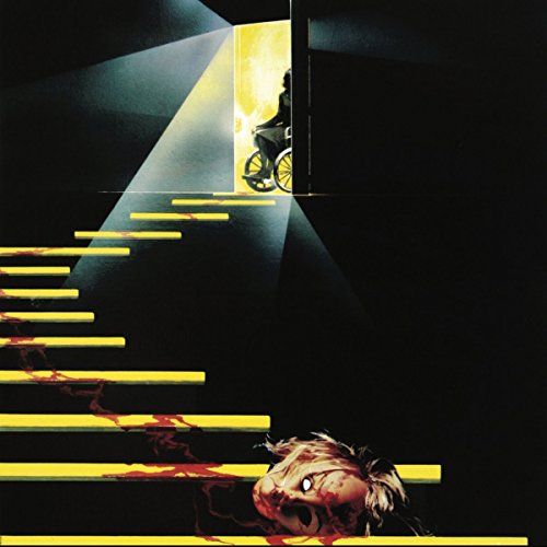 Horror album cover: stairs, wheelchair, and a disfigured face with blood.