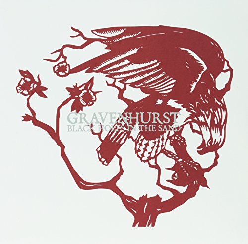 Red linocut album cover featuring a skull with floral and avian elements.