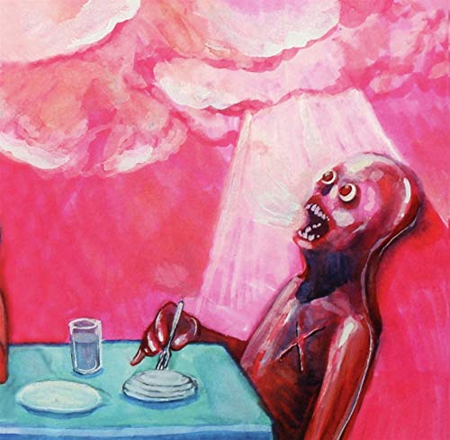 A stylized, red, humanoid figure with an open mouth sits at a table.