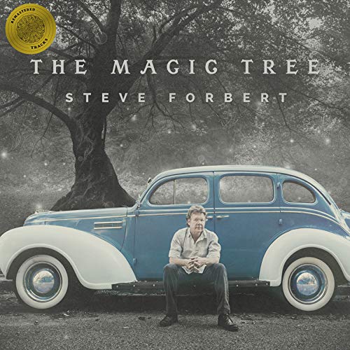 Steve Forbert album cover: man by a blue vintage car, tree.