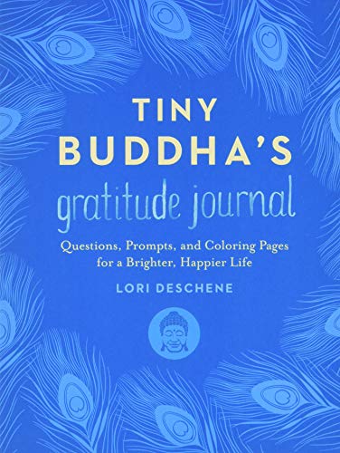 Blue journal cover with white text: "Tiny Buddha's gratitude journal" and a Buddha icon.