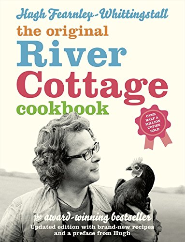 Cookbook cover featuring Hugh Fearnley-Whittingstall with a chicken, text reads "River Cottage.