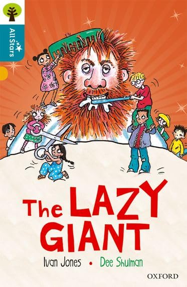 Book cover: a giant with children trimming his beard, titled "The Lazy Giant".